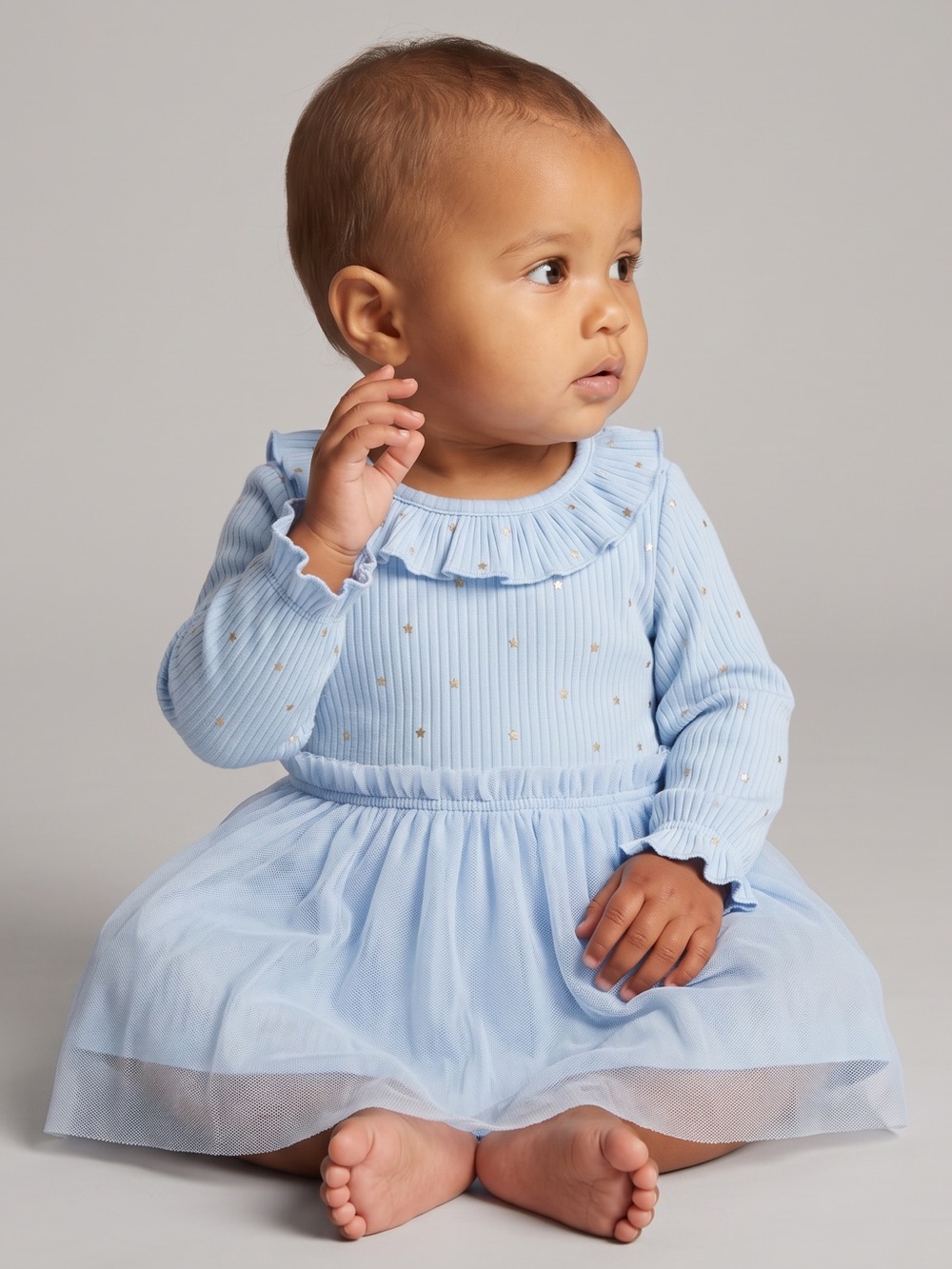 cloud island - NWT - Light Blue Ruffle Collar Tulle Dress with Gold Stars